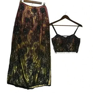 Y2K Je Matadi 100% Silk Beaded Ombré Mermaid Skirt And Halter Top Size Small